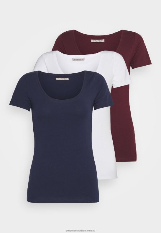 3-pack basic t-shirt mörkröd/mörkblå/vit Anna Field 42BF6330 kvinnor - Bild 1